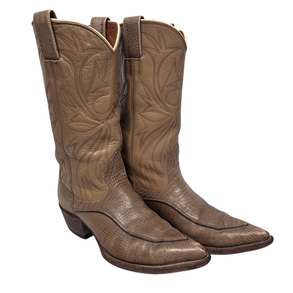 Vtg Nocona Cowboy Boots Mens 7.5D Lizard Leather Taupe Tan Western Pointed Toe